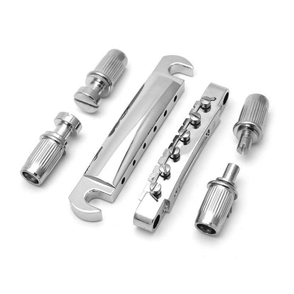 Electric guitar bridge; upper and lower string bridge tensioning components and accessories
