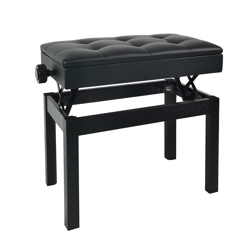 Single-person piano stool with adjustable height; solid wood stool featuring PU leather surface and bookcase storage; versatile instrument stool