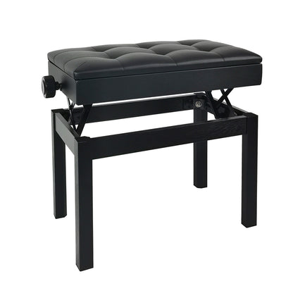 Single-person piano stool with adjustable height; solid wood stool featuring PU leather surface and bookcase storage; versatile instrument stool