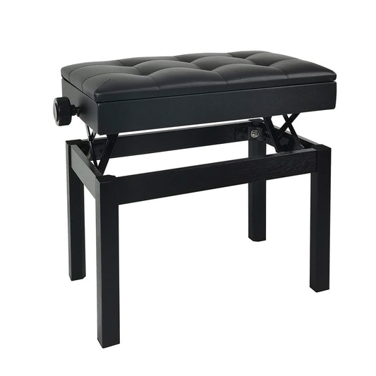 Single-person piano stool with adjustable height; solid wood stool featuring PU leather surface and bookcase storage; versatile instrument stool