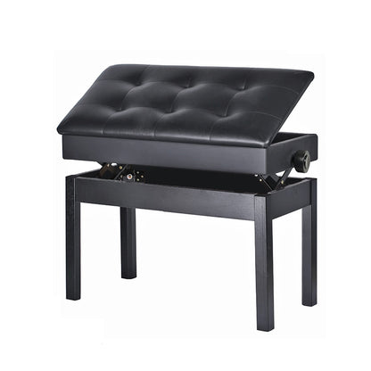 Single-person piano stool with adjustable height; solid wood stool featuring PU leather surface and bookcase storage; versatile instrument stool