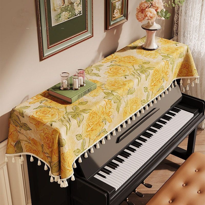 American Style Yellow Rose Piano Cover, Keyboard Top Anti-Dust Cloth, Digital Piano Half Cover & Keyboard Dust Drape