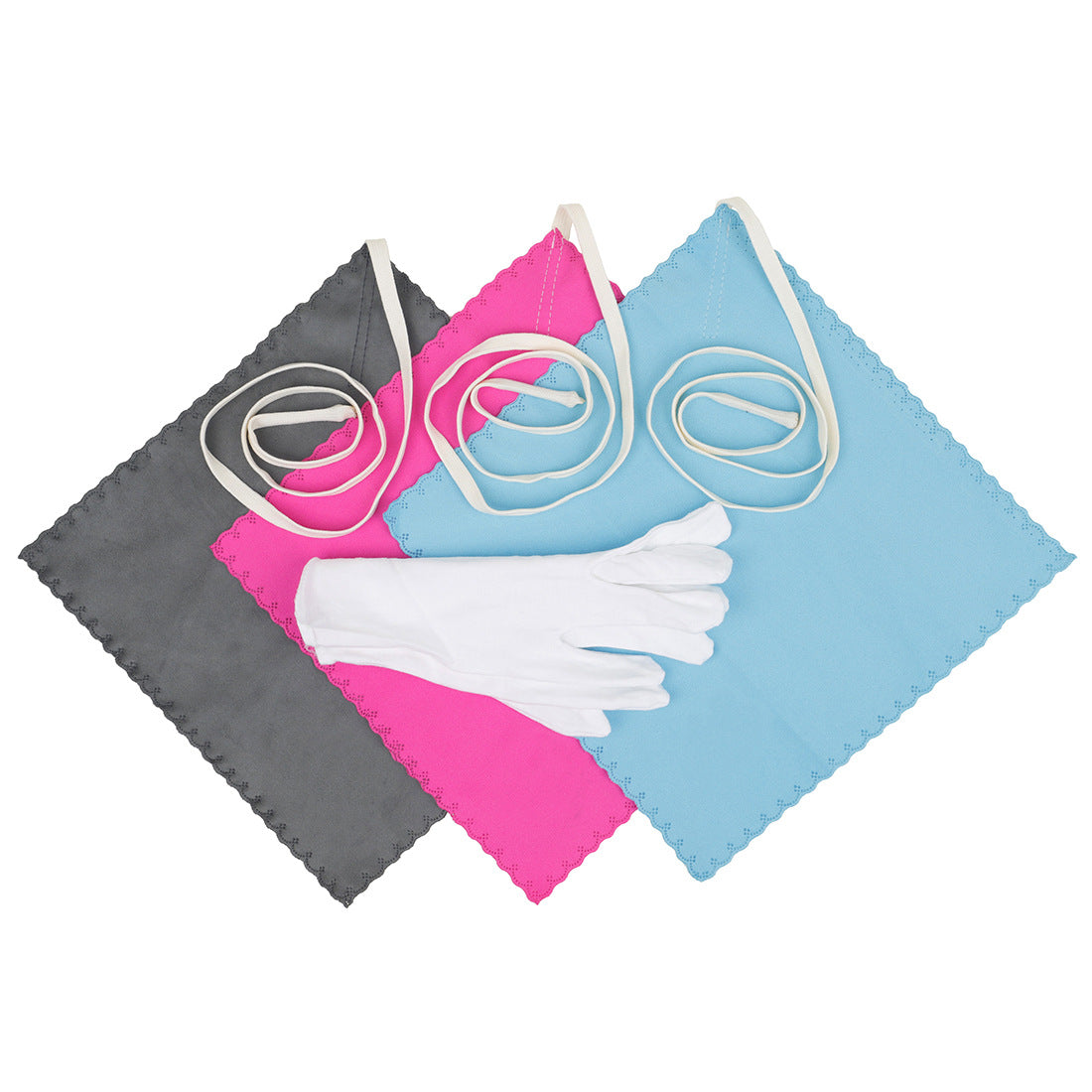 Cleaning cloth for wind instruments (clarinet, flute, saxophone), absorbent cleaning cloth for inner chambers, and gloves